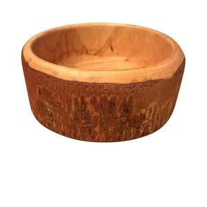 Vintage Live Edge Wood Hand Made Turned Bowl Brown Excellent Rustic Bark Trim